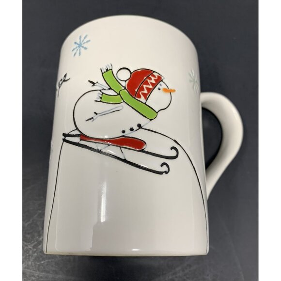 TAG SKIING SNOWMAN HOPE MUG 16 oz Embossed Winter Holiday Xmas Green Interior - Picture 7 of 8